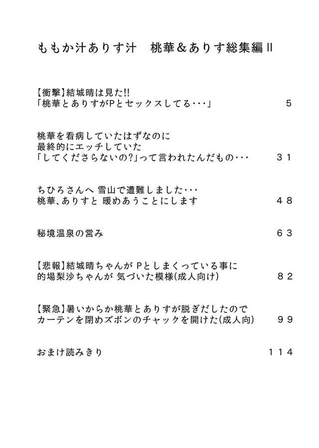 メンバーたちと合宿に来ていた晴が、夜中にエッチな声が聞こえてきて部屋をのぞくと桃華とありすがプロデューサーと3Pセックスしていた！？それを見てオナニーする手が止まらない晴が次の日ふたりに好きな人とエッチするのは気持ちいいのか？とストレートに聞いて、4Pハーレムセックスでプロデューサーに処女を捧げる///