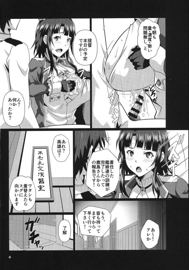 着任した艦娘たちの訓練が終わったらしく、提督みずからひとりずつパイズリチェックをする！みんな爆乳揃いでふかふかむっちむちで気持ちよく全員にイカされるが、最後に教官の鹿島のLカップおっぱいと秘書艦筆頭の高雄のOカップおっぱいで悶絶する提督ｗ