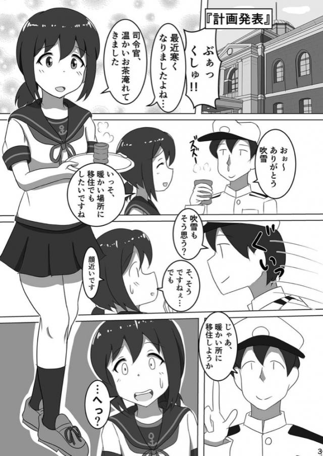 最近寒くて吹雪が暖かい場所に移住したいですねと話したら提督がそうしようと言い始め、吹雪の力を借りたいと言われ手伝うと言ってしまった吹雪が、ちっちゃくなったみんなを自分の体の中に入れることになるがうんことしてすぐに排泄されたｗ